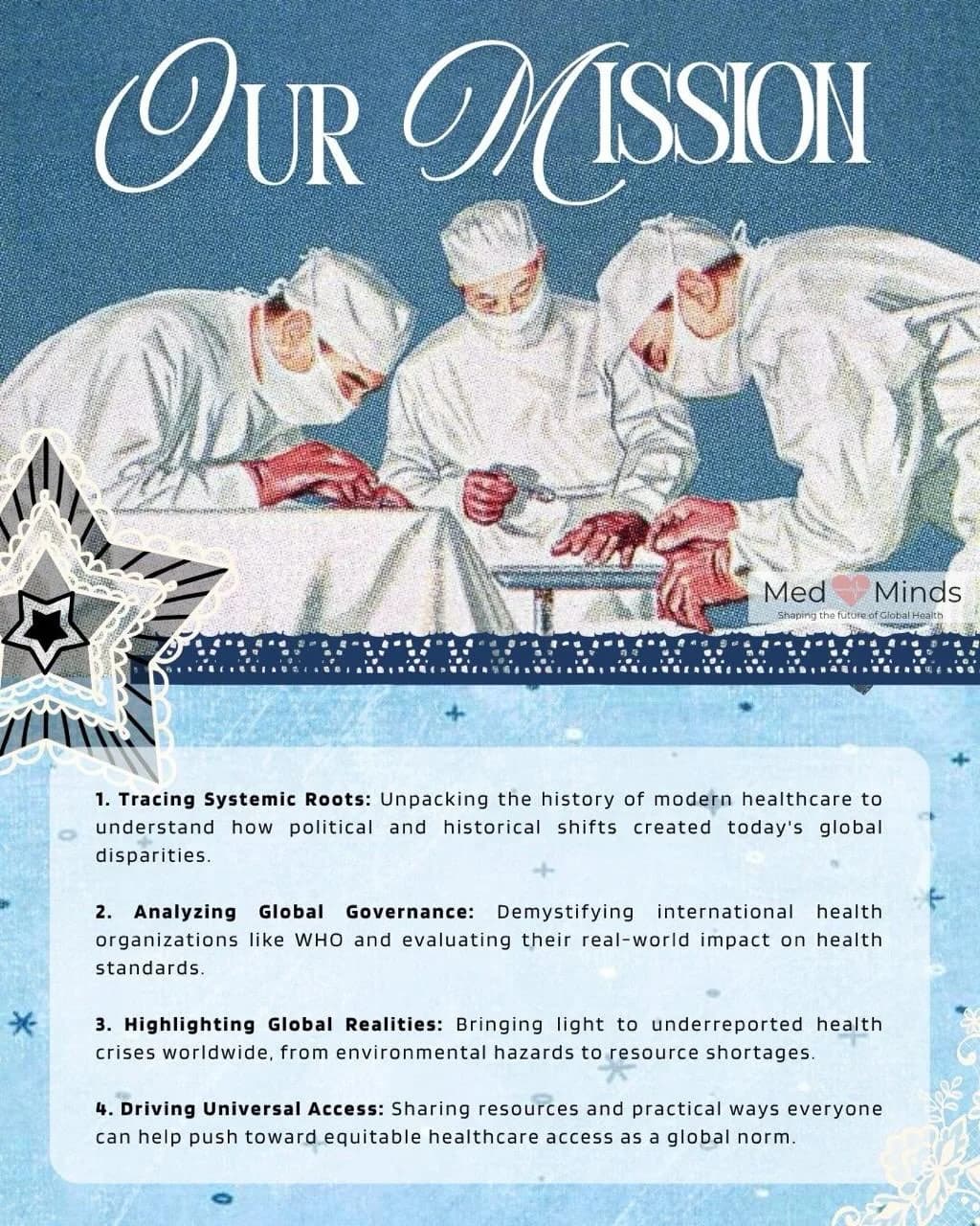 Our Mission, over a halftone print of surgeons: 1 Tracing Systemic Roots, 2 Analyzing Global Governance, 3 Highlighting Global Realities, 4 Driving Universal Access.