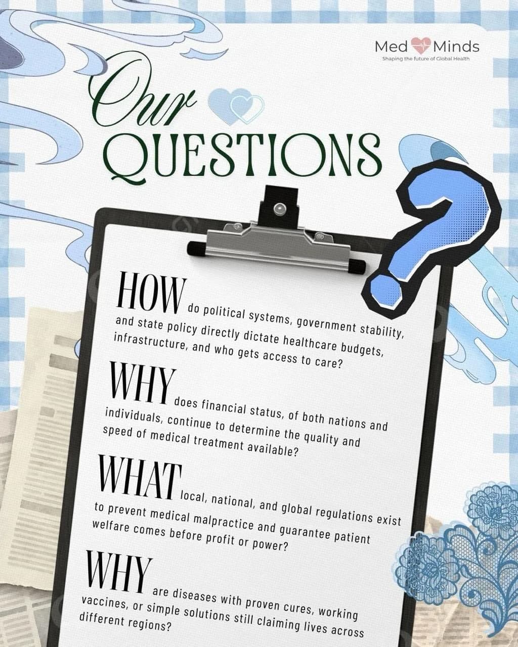 Our Questions, on a clipboard: How do political systems dictate healthcare budgets? Why does financial status determine treatment? What regulations guarantee patient welfare over profit? Why are diseases with proven cures still claiming lives?